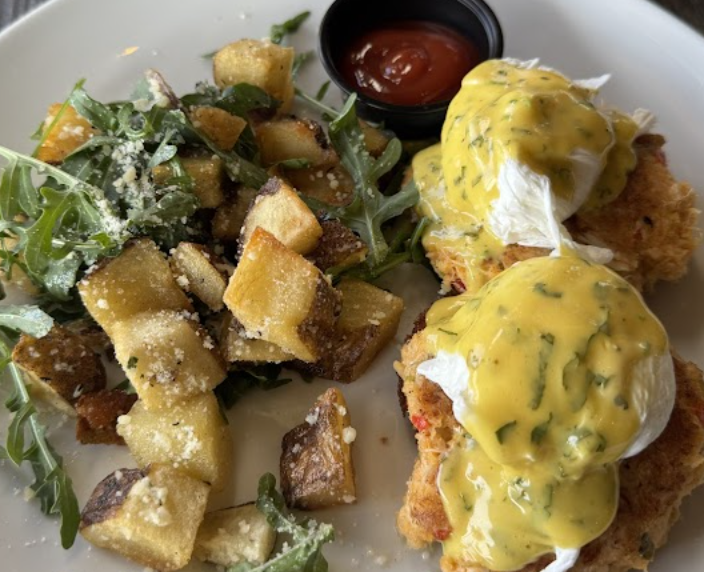 Farmer's Bottega Restaurant signature dishes Bottega StackOxtail RavioliBlue Crab Benedict